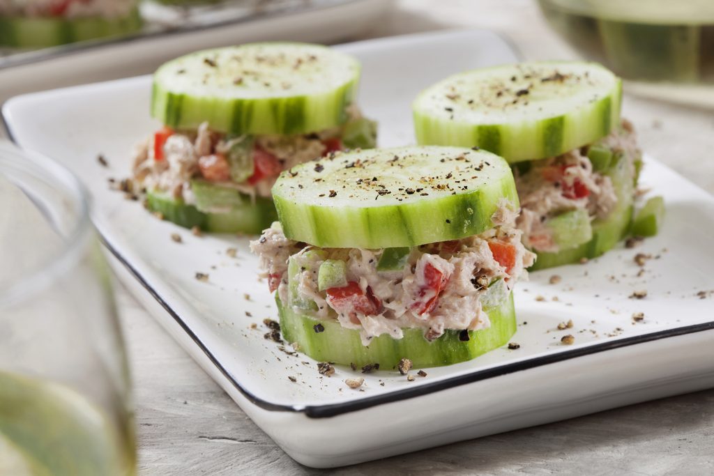 Tuna salad served on cucumber slices 